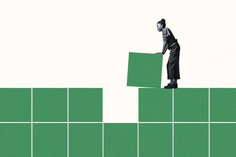 Ilustração sobre burocracia de reuniões de trabalho mostra mulher sobre blocos verdes