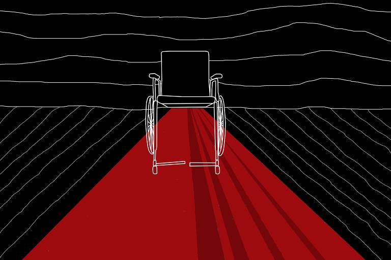 Linhas brancas em fundo preto; ao centro, um grande trecho vermelho, sobre o qual há uma cadeira de rodas