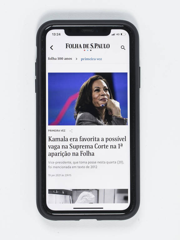 Reprodução de aplicativo da Folha mostra notícia sobre Kamala Harris