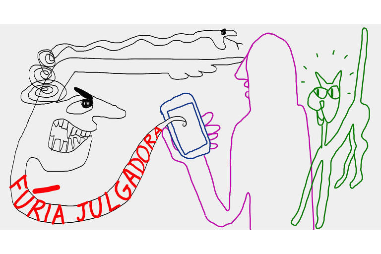 Desenho de pessoa olhando celular, de onde surge uma espécie de fantasma escrito 'fúria julgadora' com raiva