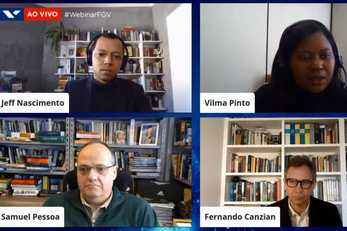 Cena de evento virtual da Folha, em parceria com a FGV, mostra debate com quatro participantes: Vilma Pinto, Jefferson Nascimento, Samuel Pessôa e Fernando Canzian