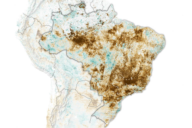 Mapa do Brasil mostra impacto da seca; imagem de satélite da Nasa