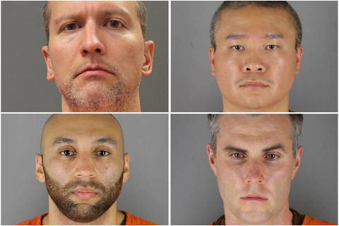FILE PHOTO: Former Minneapolis police officers (clockwise from top left) Derek Chauvin, Tou Thao, Thomas Lane and J. Alexander Kueng poses in a combination of booking photographs from the Minnesota Department of Corrections and Hennepin County Jail in Minneapolis, Minnesota, U.S.  Minnesota Department of Corrections and Hennepin County Sheriff's Office/Handout via REUTERS/file photo THIS IMAGE HAS BEEN SUPPLIED BY A THIRD PARTY. THIS IMAGE WAS PROCESSED BY REUTERS TO ENHANCE QUALITY, AN UNPROCESSED VERSION HAS BEEN PROVIDED SEPARATELY./File Photo ORG XMIT: FW1