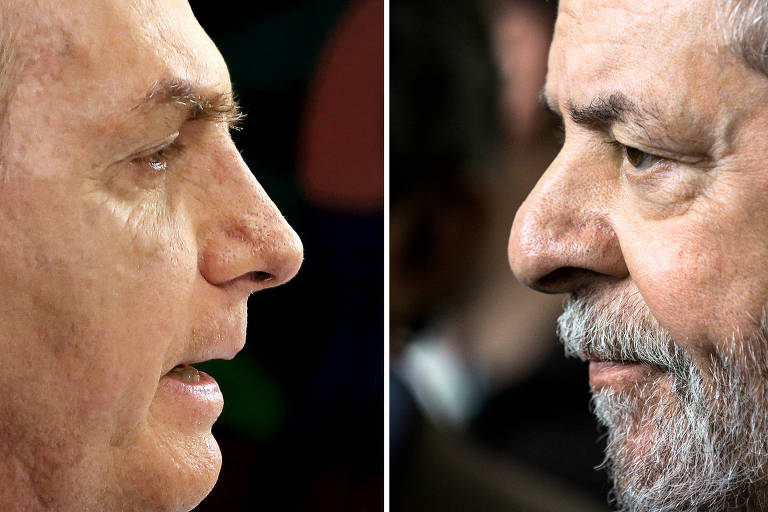 Montagem de Bolsonaro e Lula, ambos de perfil, um olhando para o outro
