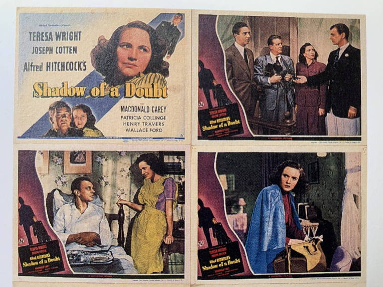 Teresa Wright e Joseph Cotten em lobby cards originais de "A Sombra de uma Dúvida", filme de Hitchcock, de 1943
