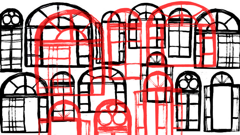 desenhos de esquadrias de janelas em preto e vermelho sobrepostos