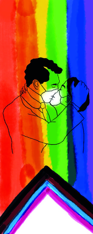 dois homens se beijam de máscara, em desenho com as cores da bandeira LGBT