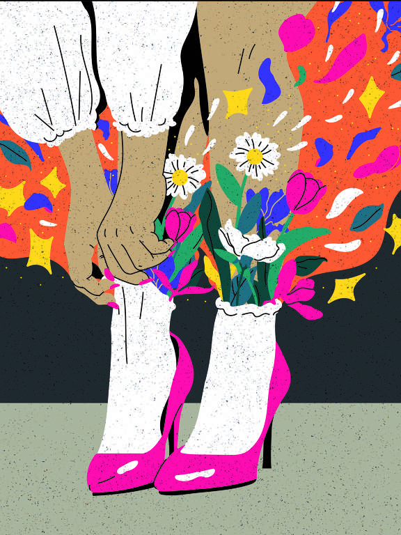 desenho de mulher colocando flores na meia branca