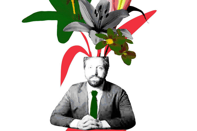 Colagem com foto em preto e branco de Gregorio Duvivier dentro de um vaso vermelho e amarelo, ele veste terno e gravata verde. A foto está sem o topo da cabeça e dela saem várias flores em preto e branco, verde e vermelho.
