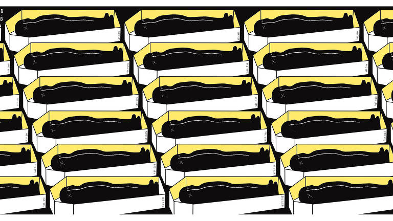 Ilustração de diversos caixões brancos com sombras pretas dentro deles. Cada um tem um número em sua lateral.