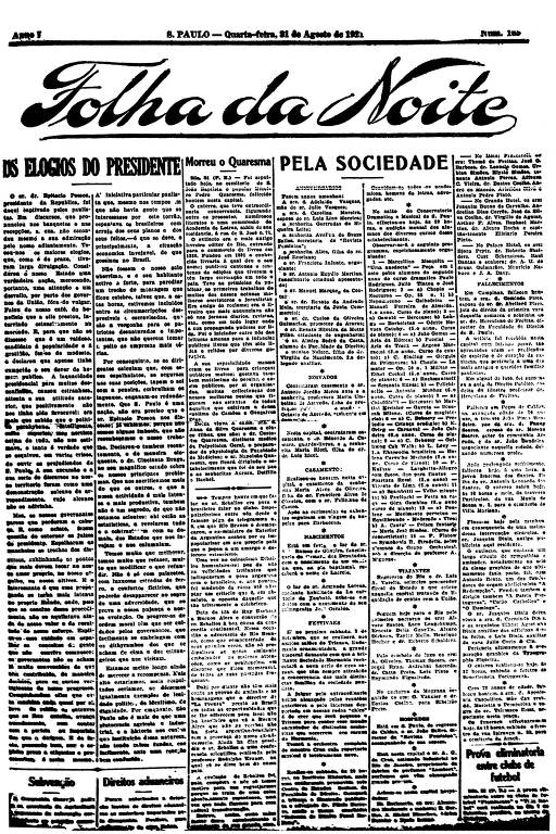 Primeira Página da Folha da Noite de 31 de agosto de 1921