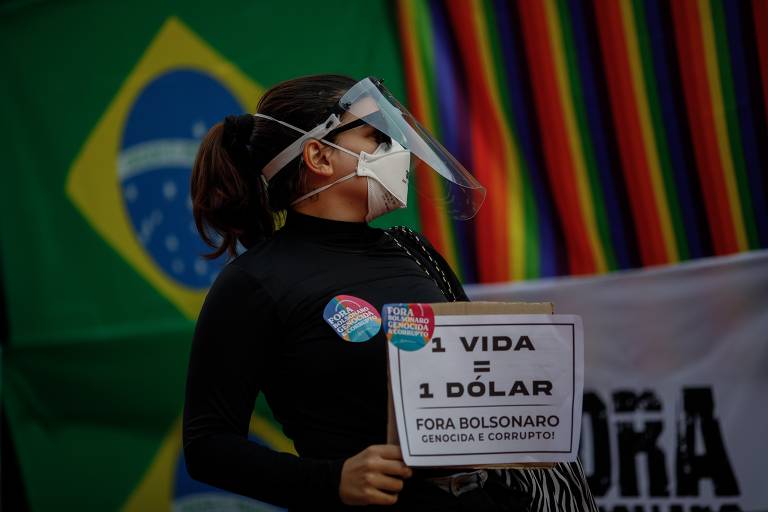 Manifestantes durante ato contra o presidente Jair Bolsonaro (sem partido), na avenida Paulista, em São Paulo.