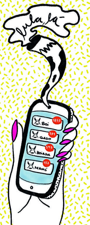 Desenho mostra mão feminina segurando um celular, onde há vários balões de mensagens 