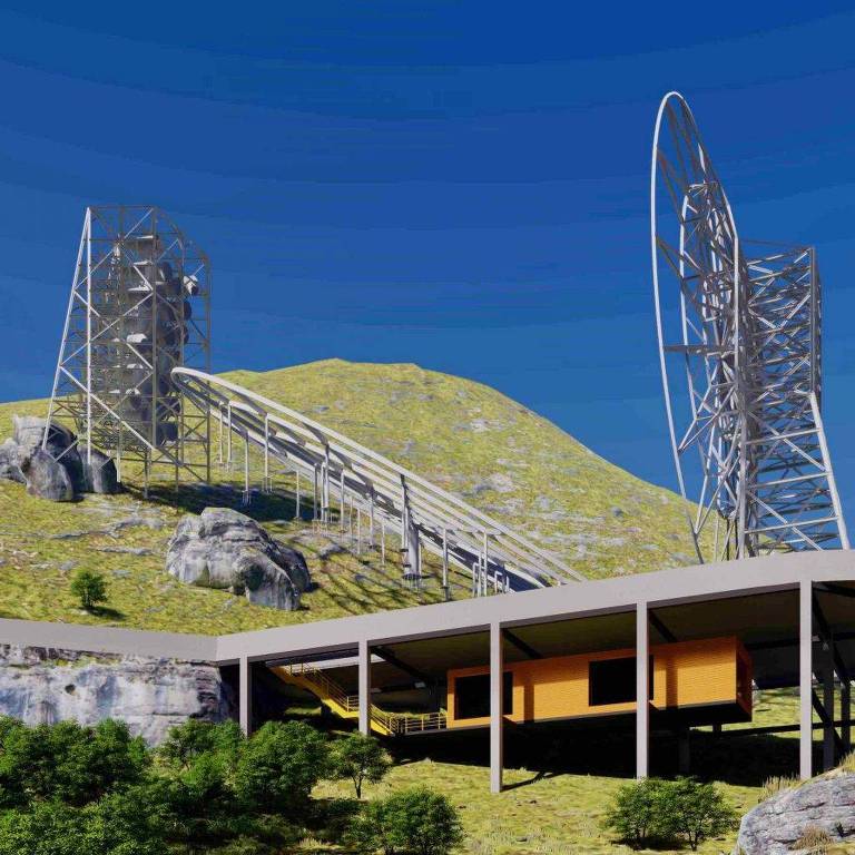 Concepção artística do projeto Bingo, radiotelescópio em construção em Aguiar (PB)
