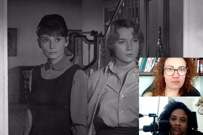 Na tela central do Zoom, imagem de filme preto e branco com duas mulheres; na lateral inferior direita, duas pequenas telas de Zoom com outras duas mulheres que falam ao microfone