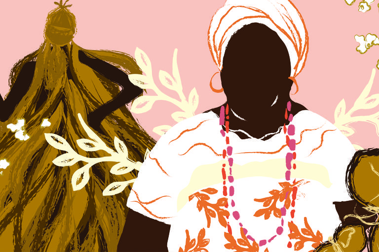 Desenho mostra mulher negra gorda com roupas brancas de religiões de matriz africana ao lado de homem negro que incorpora orixá