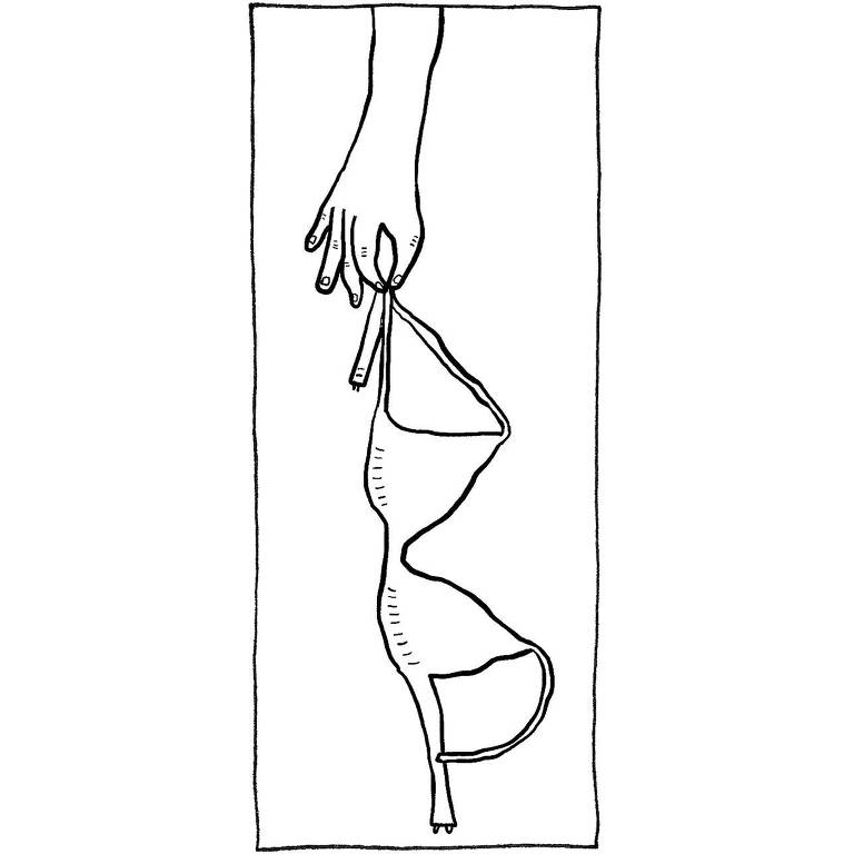 Ilustração em linhas pretas sobre fundo branco de uma mão segurando um sutiã com o polegar e o indicador.