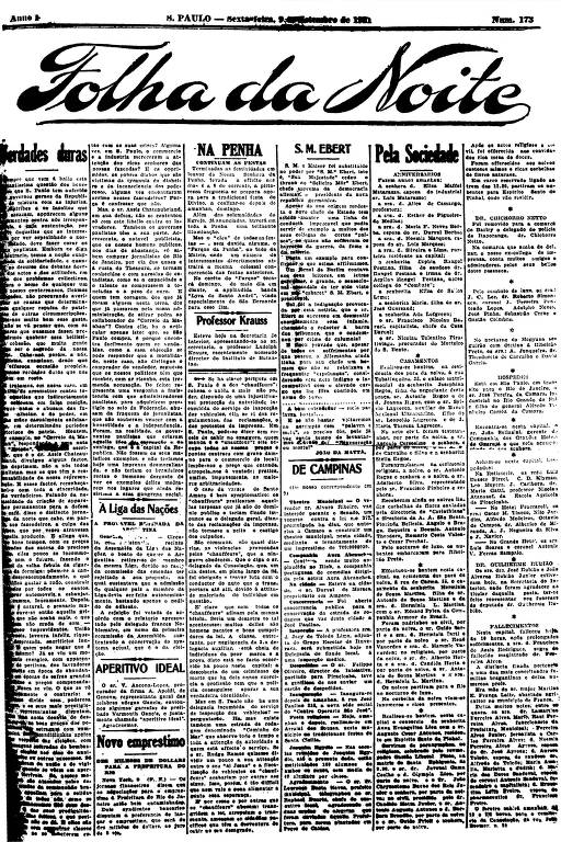 Primeira Página da Folha da Noite de 9 setembro de 1921