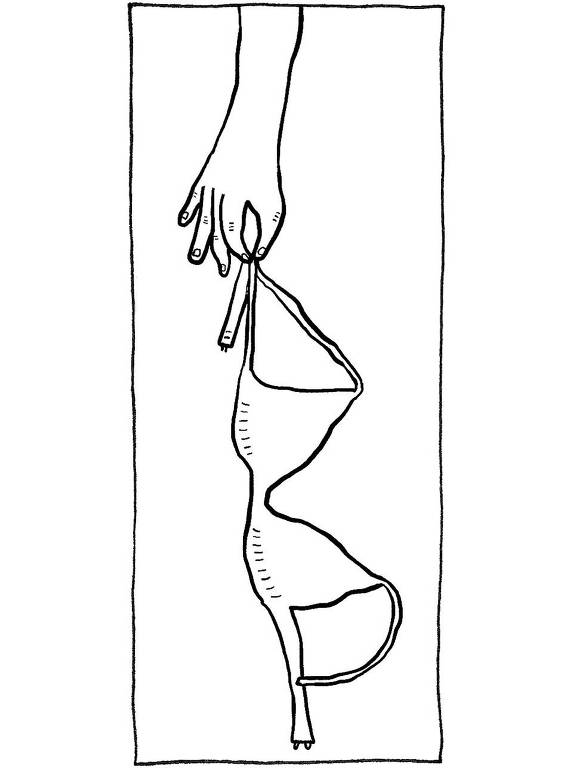 Ilustração em linhas pretas sobre fundo branco de uma mão segurando um sutiã com o polegar e o indicador.