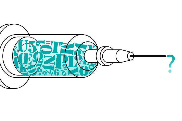 Na ilustração: dentro de uma seringa transparente há várias letras azuis, na ponta da agulha sai uma interrogação
