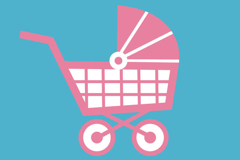 Ilustração de um carrinho de bebê rosa e branco. O fundo é todo azul