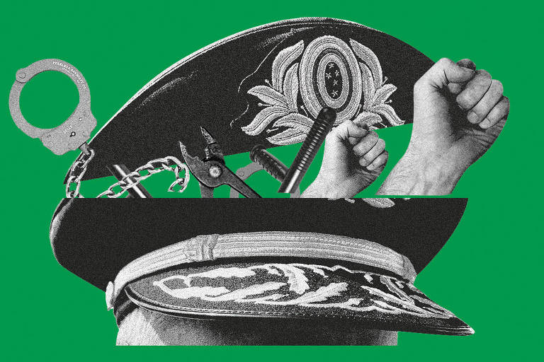 Desenho mostra chapéu militar, que contém algemas e punhos erguidos