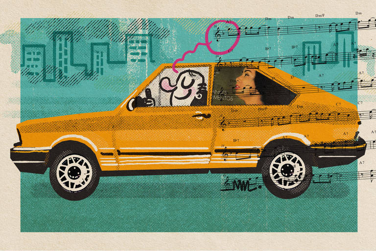 Ilustração de um carro amarelo com o motorista e uma passageira no banco de trás. Um balão sai do motorista e é ligado a uma partitura. Há prédios no fundo.