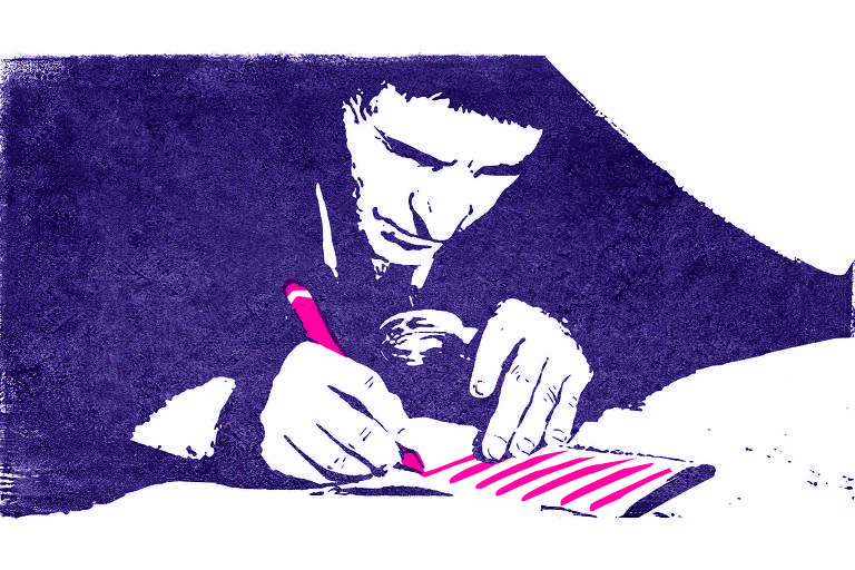Ilustração de homem segurando lupa e desenhado em roxo, escrevendo com caneta rosa sobre papel