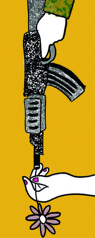 Desenho mostra uma arma disparando uma flor, segurada por uma mão