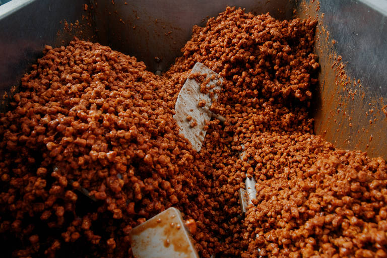 A proteína de soja aparece aqui após a extrusão e combinada a cebola, óleo de coco, água, mistura de extrato de levedura, beterraba em pó, sal rosa do himalaia, pimenta preta, alho e vitaminas