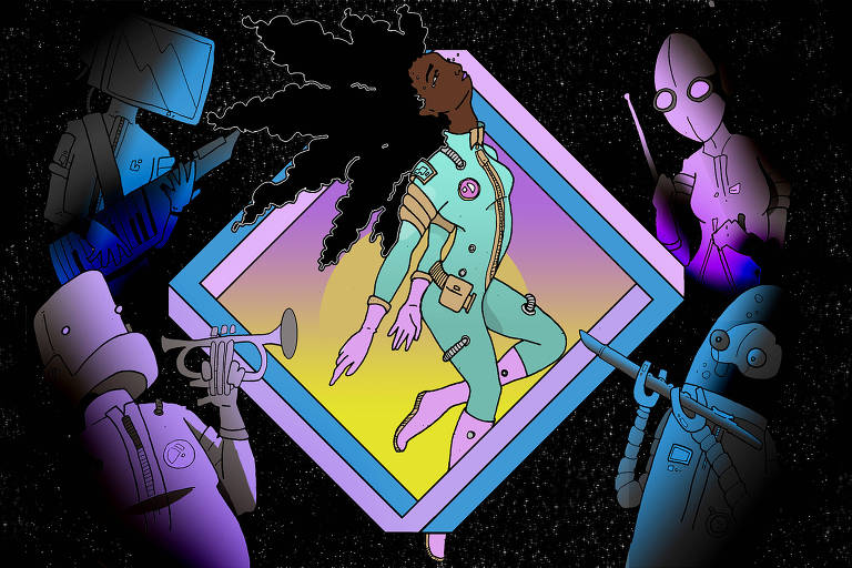 Desenho mostra menina negra com roupa de astronauta sendo olhada por aliens
