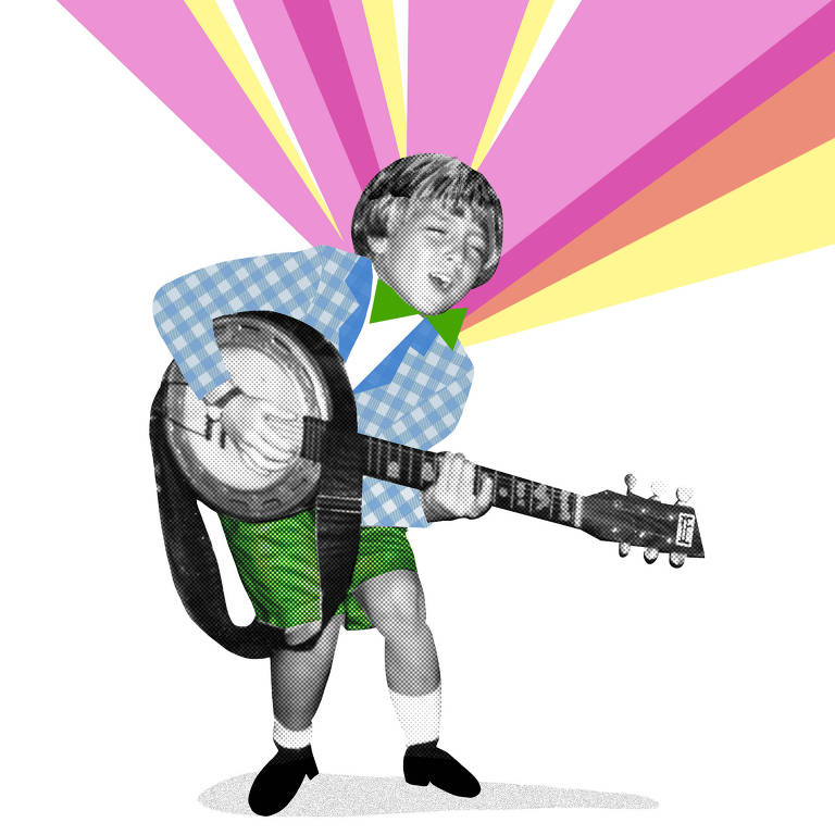 Desenho de montagem mostra menino tocando instrumento
