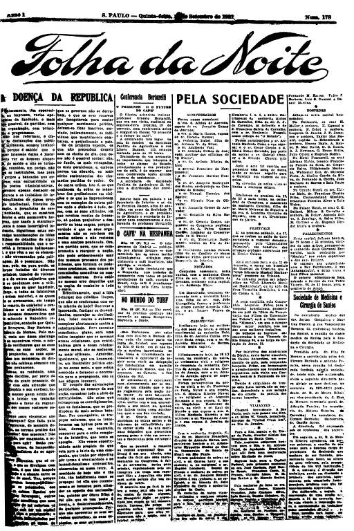 Primeira Página da Folha da Noite de 15 de setembro de 1921
