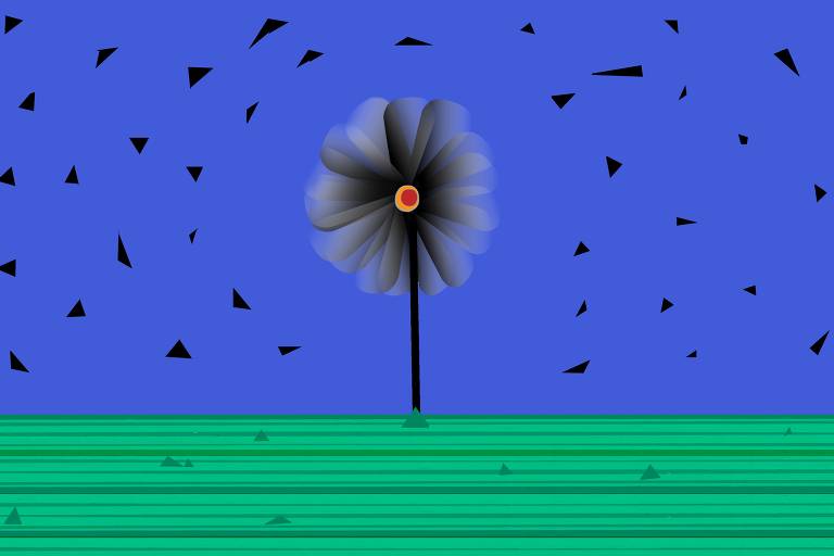 No meio da imagem parece haver uma flor com pétalas negras em movimento; ao redor, algo que parece ser um céu azul e uma grama verde; pedaços negros voam pelo azul
