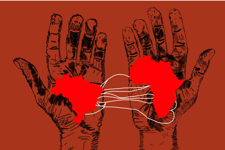 Desenho mostram mãos  que estampam os mapas da África e do Brasil, ligados por linhas