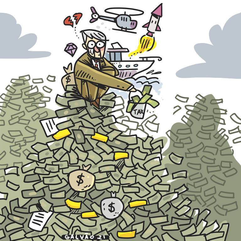 Desenho mostra milionário sentado em montanha de notas de dinheiro com feição de assustado