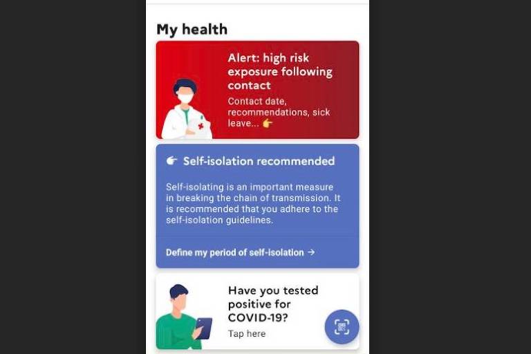 Tela de aplicativo de vigilância AntiCovid avisa que usuário se expôs à contaminação e orienta auto-isolamento por sete dias