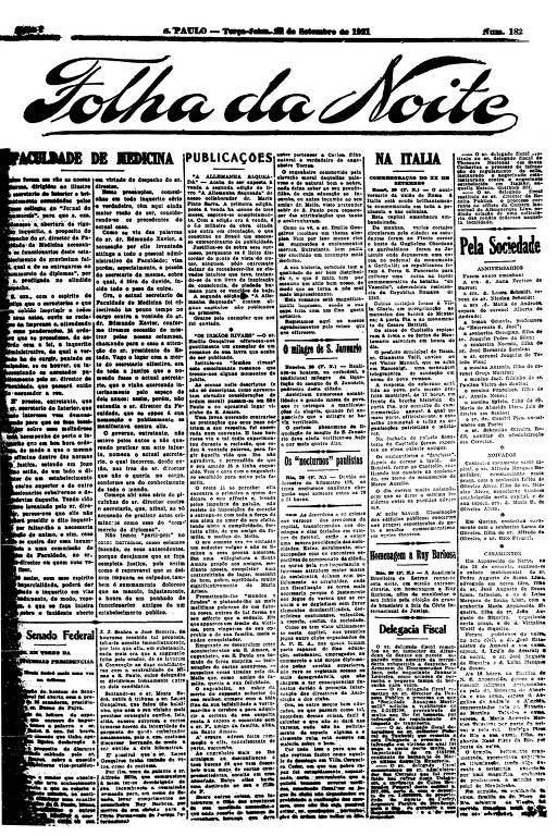 Primeira Página da Folha da Noite de 20 de setembro de 1921