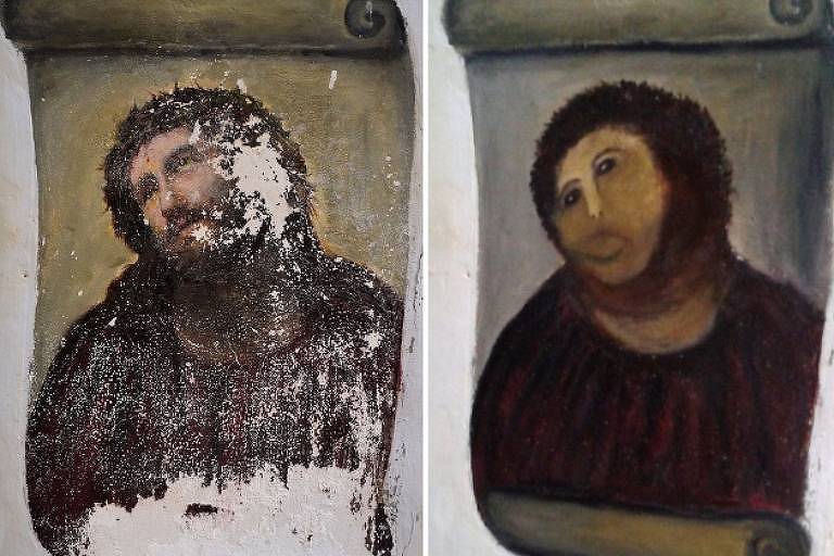 Imagem mostra a pintura original de Cristo à esquerda, a pintura com estragos do tempo ao centro, e à direita, a tentativa de retauração que desfigurou a printura