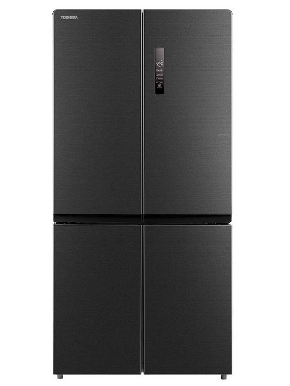 Refrigerador na cor cinza, com quatro portas e visor digital da marca Toshiba