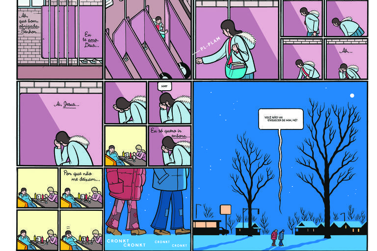 página de quadrinhos na qual predominam o roxo e o azul claro em que se vê uma uma mulher saindo de casa com uma bolsa e um casaco e na rua diante de uma arvore comprida ela caminha com um homem