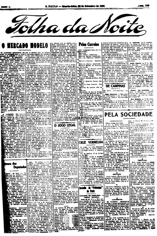 Primeira Página da Folha da Noite de 28 de setembro de 1921