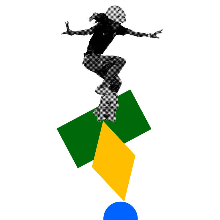 Colagem com foto em preto e branco de Rayssa Leal fazendo uma manobra com o skate em cima das formas que compõem a bandeira do Brasil em verde, amarelo e azul