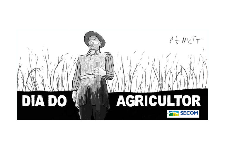 Charge de Benett publicada na Folha no dia 29 de julho de 2021. Tem o titulo dia do agricultor, nela a imagem de um agricultor. Atras uma plantação.