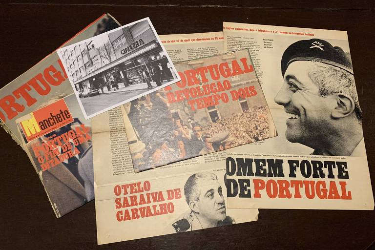 Reportagens da revista Manchete sobre a Revolução dos Cravos, em 1974, e fachada da galeria Apolo 70, em Lisboa
