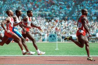 File photo of Sprinter Ben Johnson winning the gold medal in the 100m sprint in Seoul