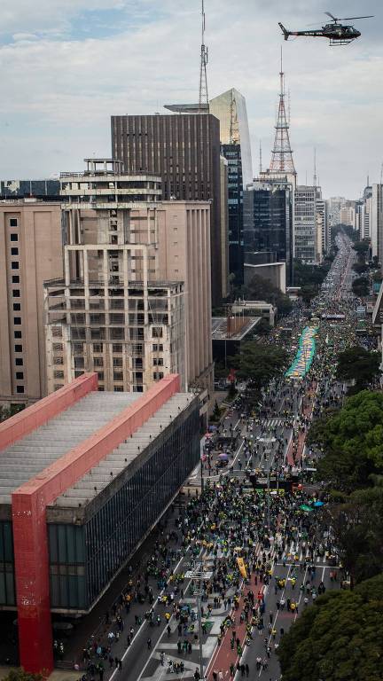 Manifestantes em aglomerações na frente dos prédios do Masp e da Fiesp neste domingo