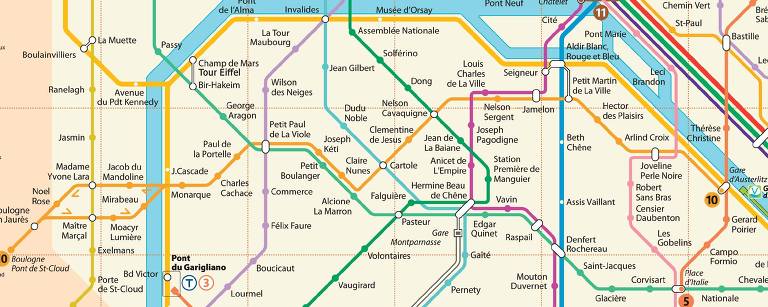 A Linha 10 do Metrô de Paris imaginada pelo cartunista Reinaldo, com os nomes dos sambistas