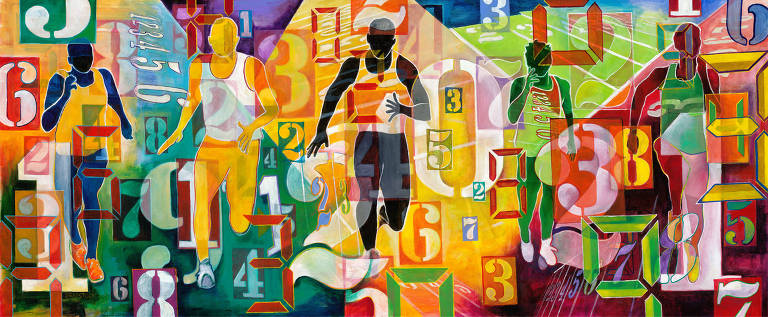 Pintura horizontal de atletas, com segundo plano exibindo números e paisagens coloridas