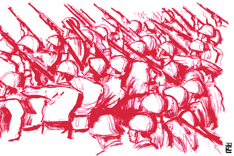 Desenho mostra vários soldados juntos apontando armas  para algo ou alguém